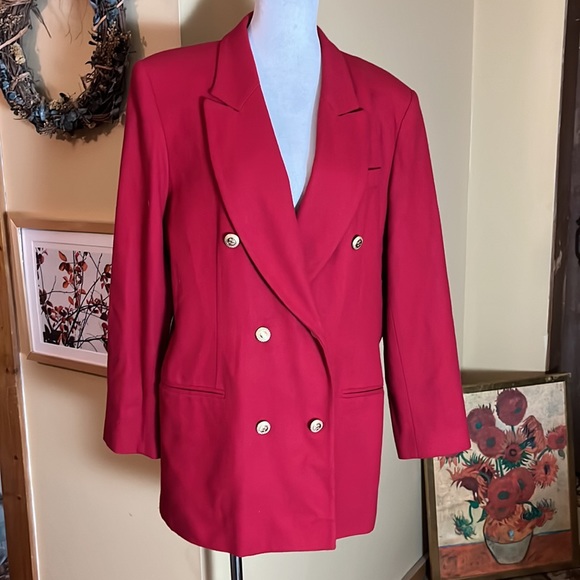 Vtg 80s LAURA SCOTT Size 16 DoubleBreast Blazer Classic Red GoldButton Wool USA - Picture 1 of 13